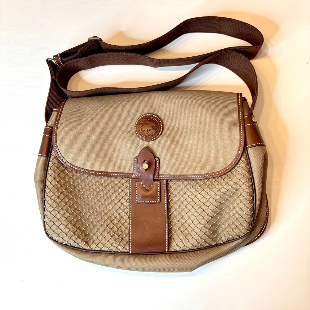 Hunting World Safari Today Messenger Bag Tan Nylon Leather Trim Italy Crossbody